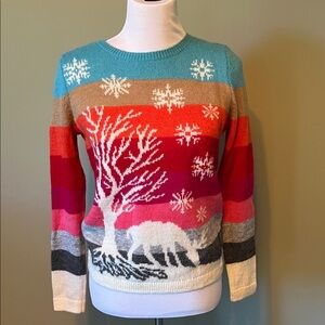 Talbots Multicolor Striped Sweater with Snowflake and Deer Design